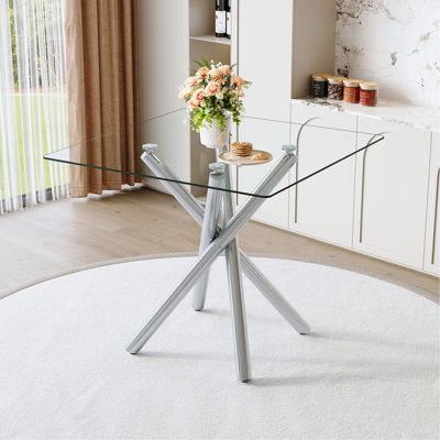 Table de bar carrée moderne de 37,80 po pour 4 personnes, plateau en verre trempé avec structure en métal galvanisé, table de cuisine carrée pour petits espaces de bureau à domicile