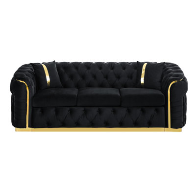 90.6 Inches Velvet For Living Room, 3 Seater With 2 Pillows, Button Gold Stainless Steel Accents Luxury Couch, Room