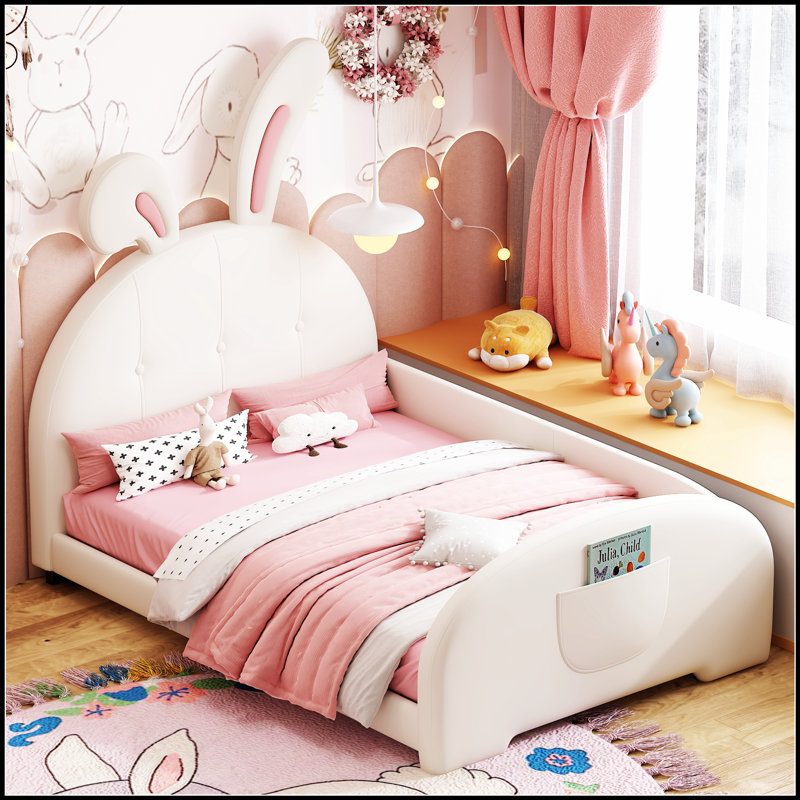 Lit princesse rembourré en forme de lapin, lit plateforme avec tête de lit et pied de lit pour un sommeil enchanteur, Rose