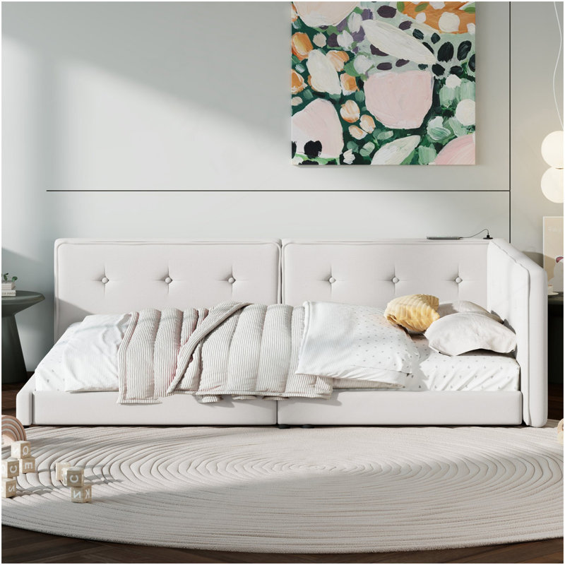 Lit plateforme tapissier pleine grandeur avec ports USB, beige, Beige, Lit double