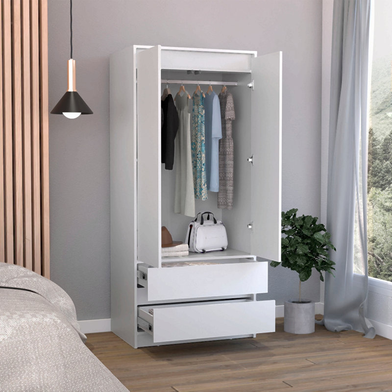 Armoire 2 tiroirs, porte double, tringle, White