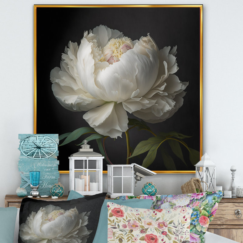 Blooming White Peony VI - Art mural pivoine, L 24 po x H 24 po x P 1 po, Reproduction avec cadre flottant, Doré