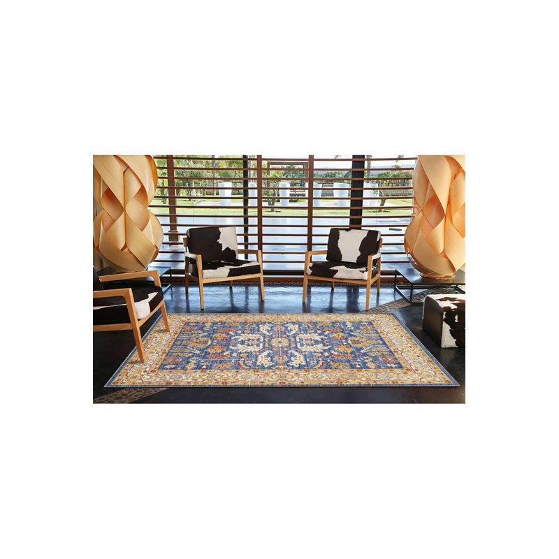 Tapis bleu lavable décoratif à motif floral traditionnel bleu, Sous-tapis rectangulaire 2 pi 6 po x 4 pi 11 po