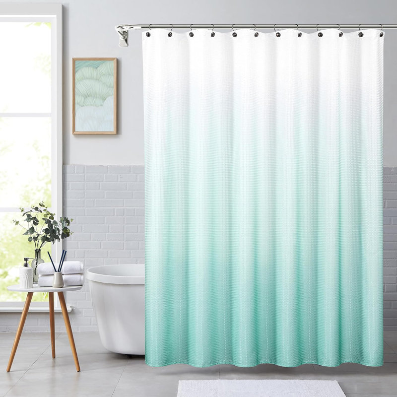 Aqua Blue Gradient Waffle Fabric Shower Curtain with Liner