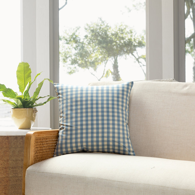 Checkered Cotton Blend Throw Pillow, Blue/White, Down Blend