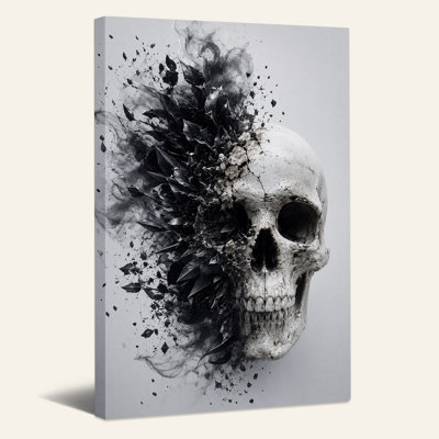 Art mural sur toile, crâne blanc se dissolvant en fumée noire et Halloween
