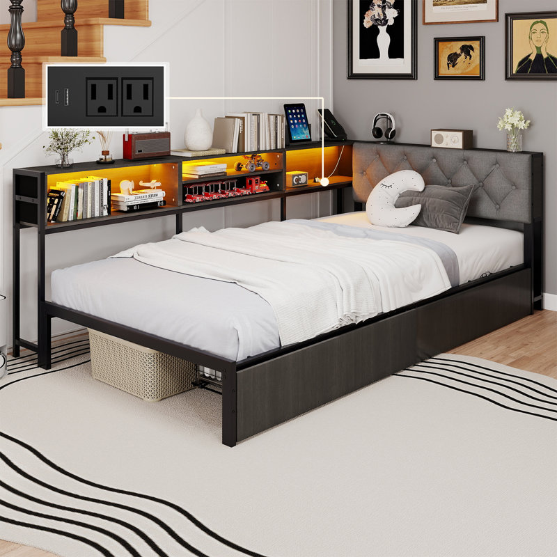 Twin XL Corner Bed Frame with Upholstered Headboard and LED Lights,Daybed with 2 Storage Drawers,Charging Station and Storage Bookcase