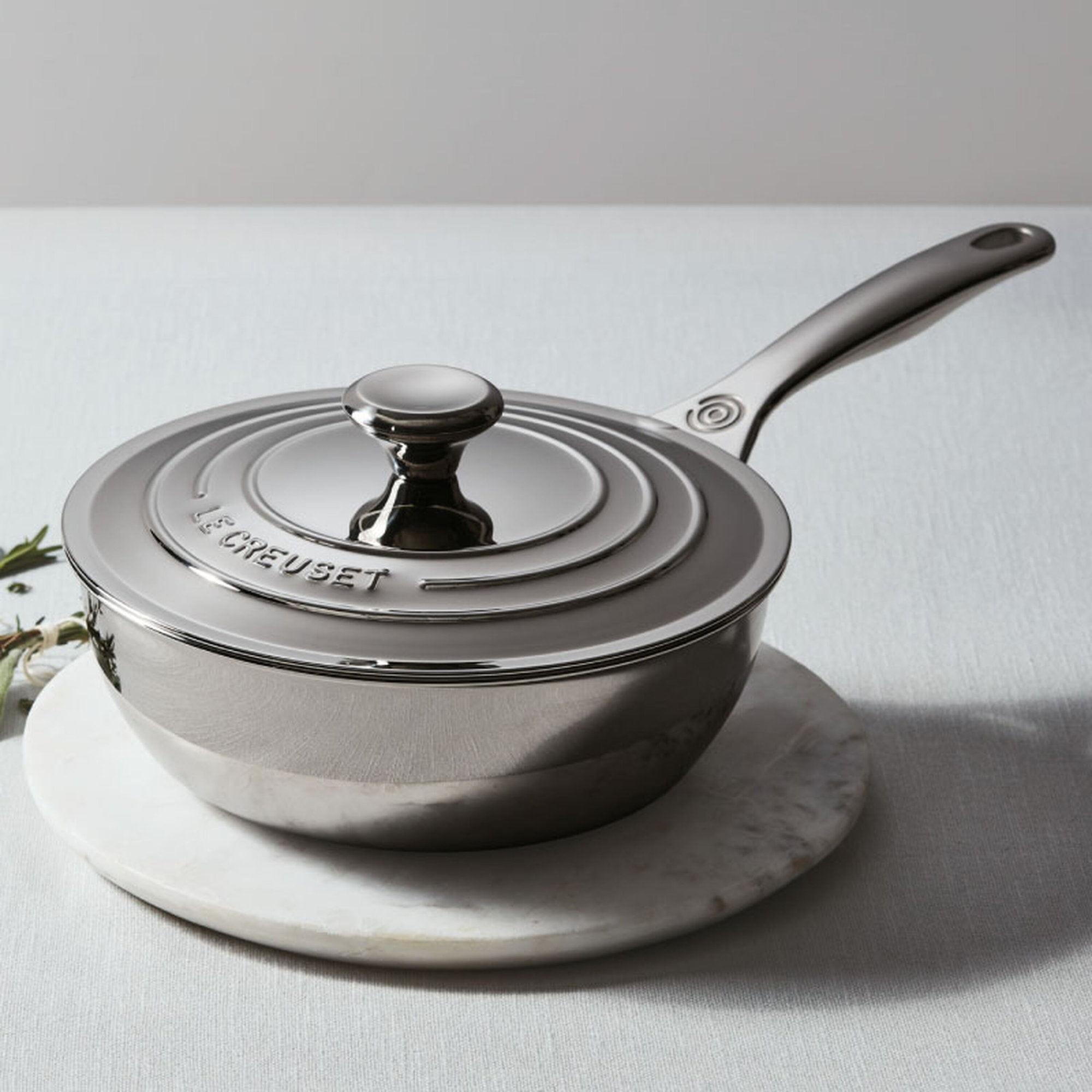 Le Creuset Stainless Steel Saucier Pan with Lid, 2 qt.
