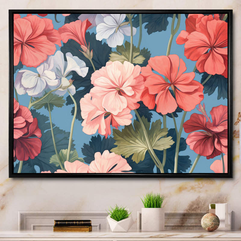 " Coral Blue Geraniums Flower Euphony ", 12" H x 20" W x 1.5" D, Black Floater Framed