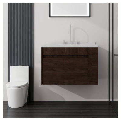 Meuble-lavabo suspendu de 76 cm avec lavabo intégré, porte à fermeture amortie, comptoir et dosseret en marbre reconstitué blanc de Carrare, armoire en contreplaqué brun