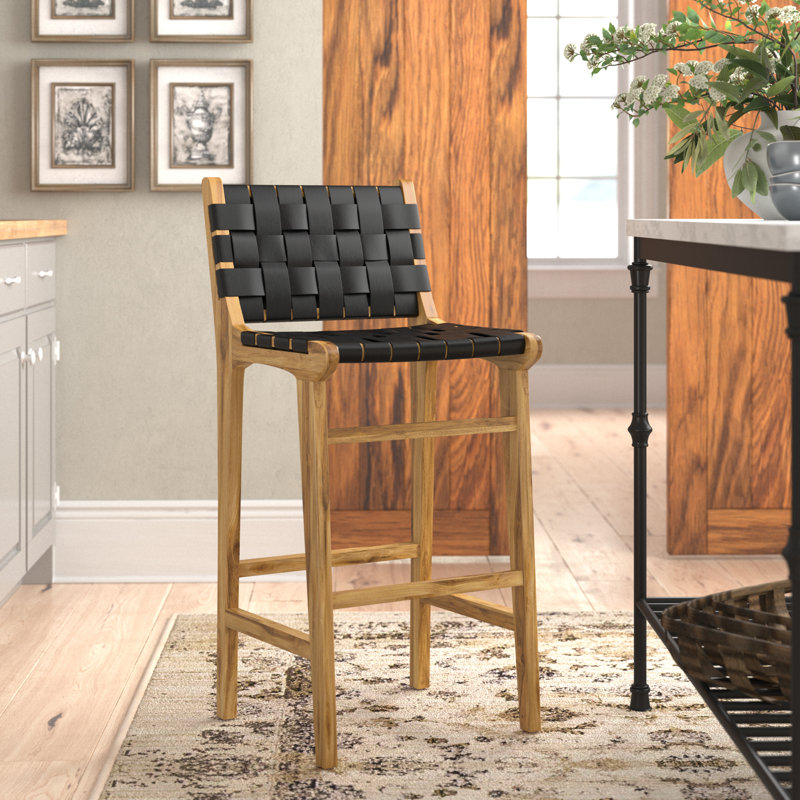 Tabouret de bar en cuir de teck avec repose-pieds Markus, Noir