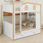 Lit superposé pour enfants avec garde-corps de style maison avec tablettes de rangement et lit gigogne-261813445