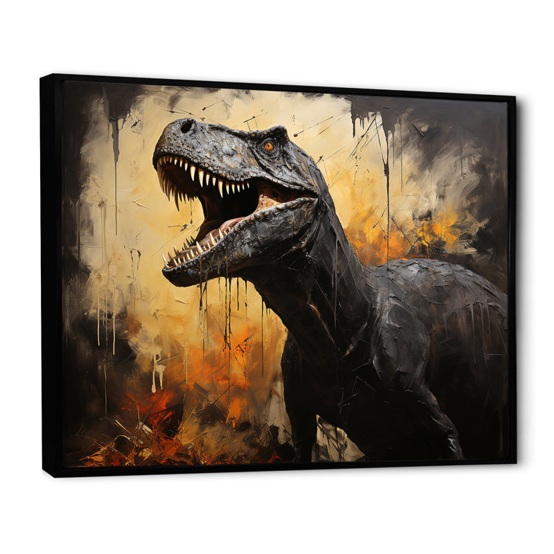 Portrait de trex rétro jurassique II - art de mur de dinosaure, Cadre flottant noir, H 34 po x l 44 po x P 1,5 po