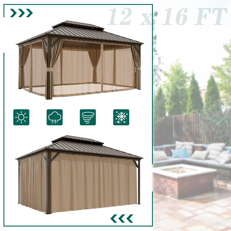 Hardtop Double Roof Aluminum Patio Gazebo with Netting & Curtains, 114''H x 192''W x 144''D