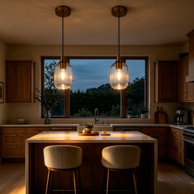Luminaires suspendus à 1 lumière avec abat-jour en verre nervuré rétro et luminaires suspendus brossés réglables pour îlot de cuisine, couloir de salle à manger et de salon