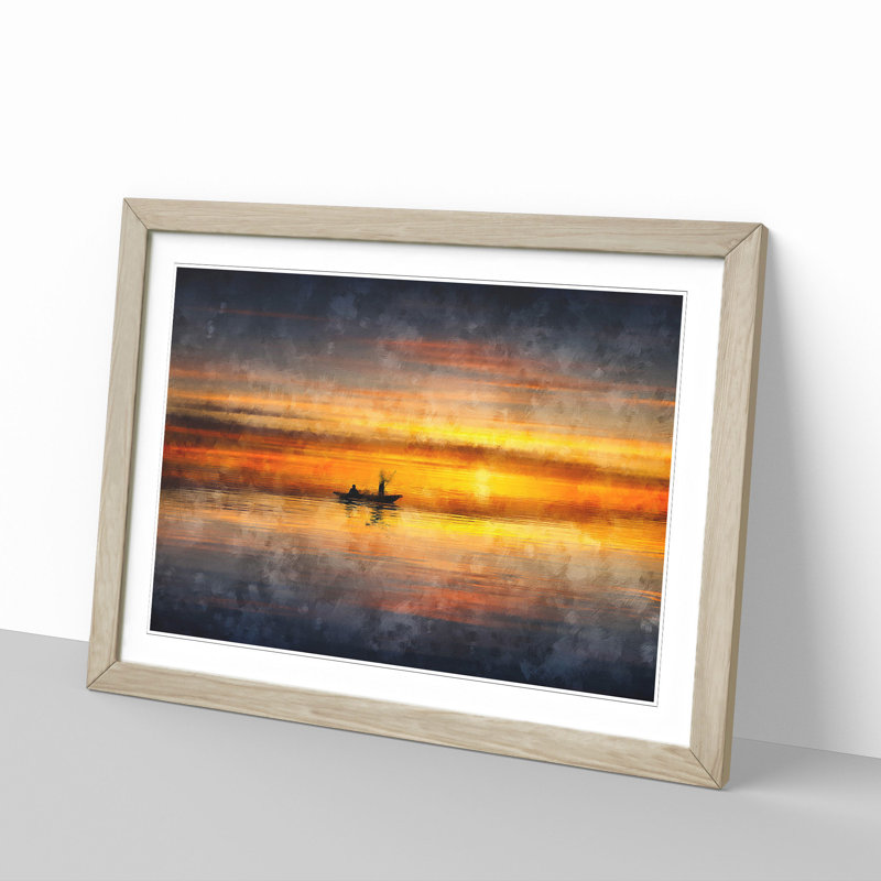 A Boat At Sunset - Single Picture Frame Painting on MDF, 35cm H x 50cm W x 2cm D, Oak