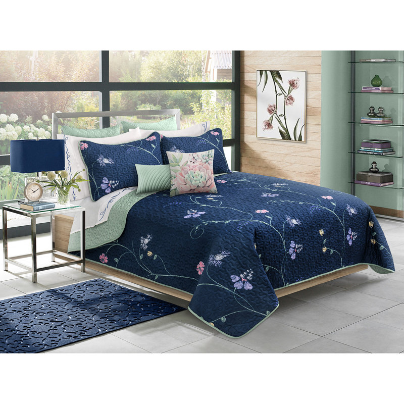 Blue Floral Reversible Microfiber Twin Quilt Set
