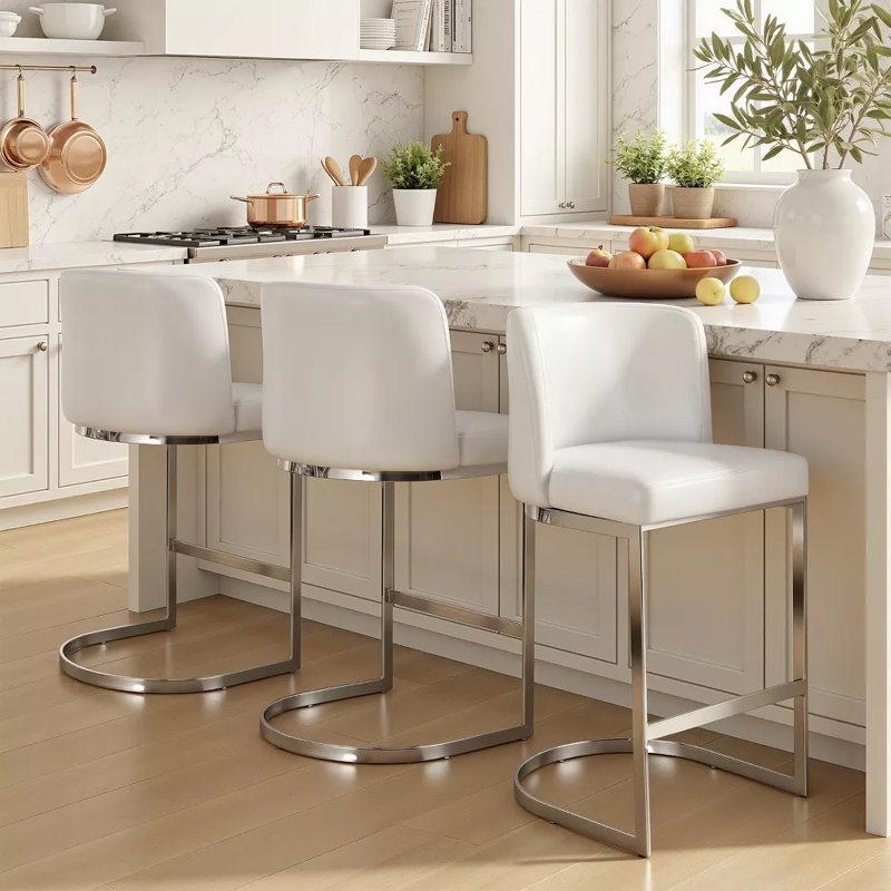 26'' Modern Upholstered Low Back Counter & Bar Stool With Metal Sled Frame , Faux Leather-White, 2