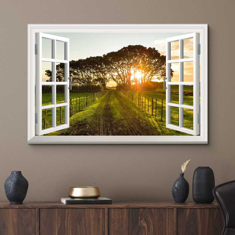 «Window View Of Country Road At Sunset Nature Images Rustic Scenic Relax Calm Ultra» sur toile, H 12 po x l 18 po