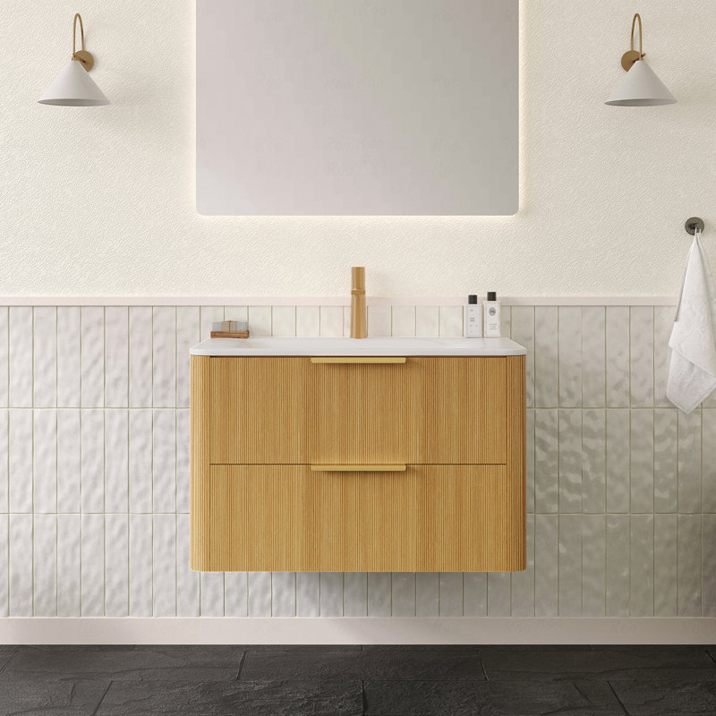Meuble-lavabo de salle de bain avec lavabo, armoire de rangement flottante en contreplaqué avec tiroirs, lavabo intégré en pierre frittée blanche Carrara