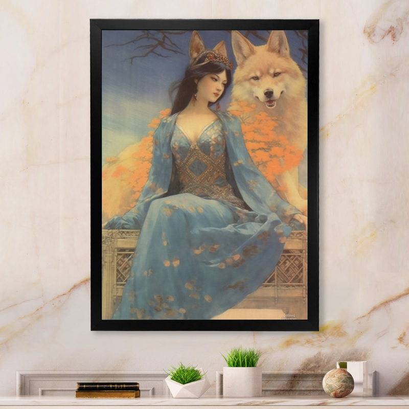 Cosmic Fox with Mystical Woman - reproduction sur toile, H 44 po x l 34 po x P 1,5 po, Cadre simple noir