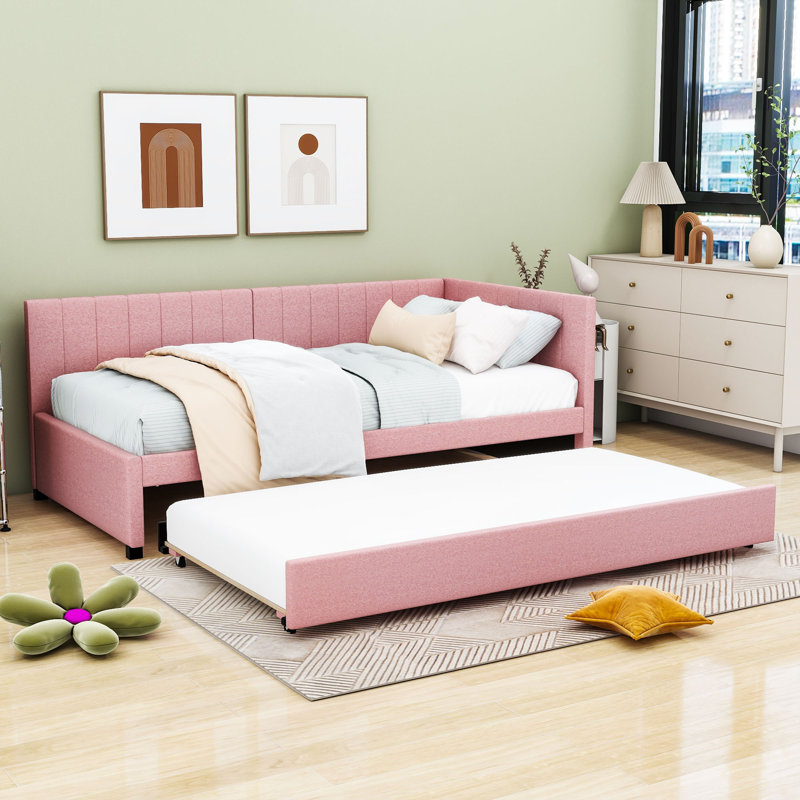 Linen Upholstered Daybed with Twin Trundle, Twin, Pink