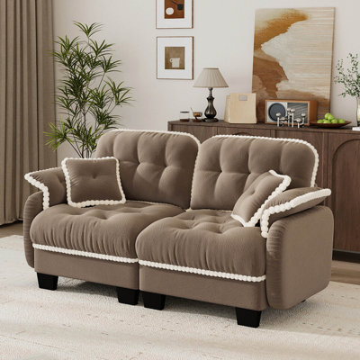 70" Chenille Upholstered Tufted Loveseat Sofa with Pom-Pom Trim and 2 Throw Pillows