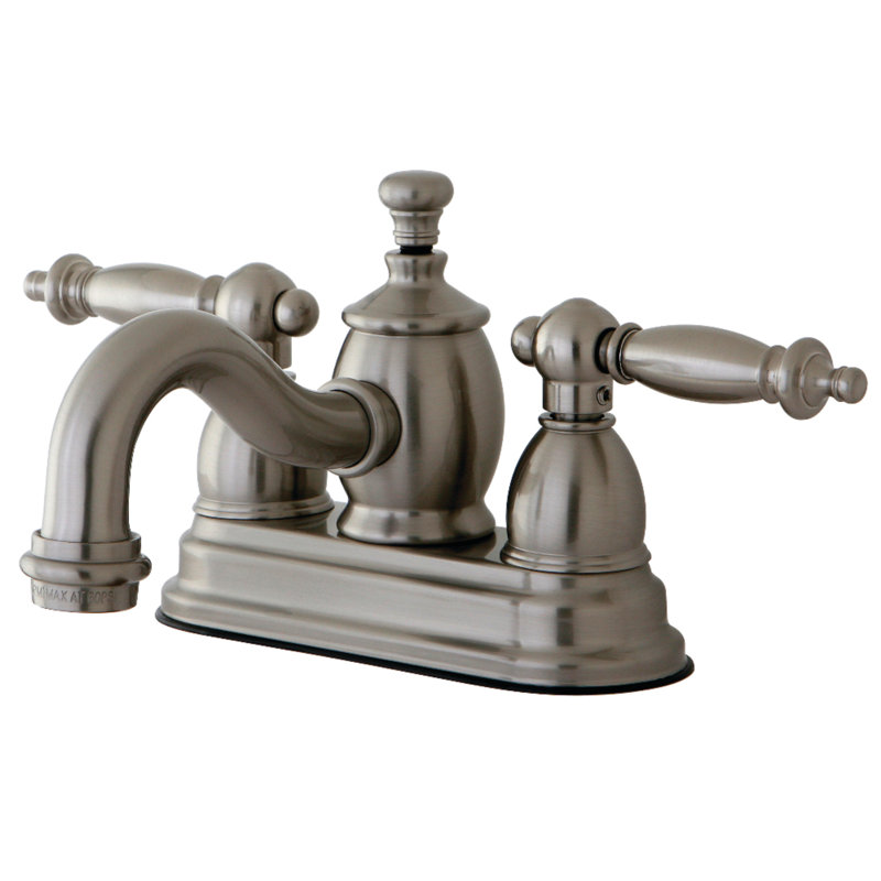 Kingston Brass Templeton Two-Handle 3-Hole Deck Mount 4" Centerset Bathroom Faucet with Brass Pop-Up, Brushed Nickel
