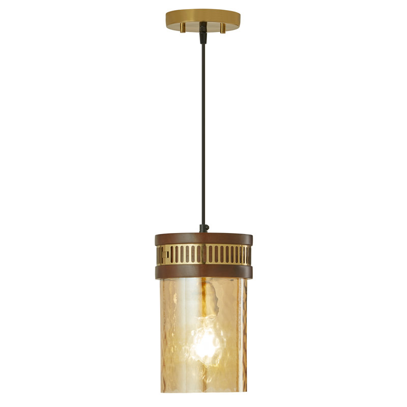 Latavious 6.5"W 1-Light Gold Pendant Light with Textured Glass Brown Mango Wood & Glass Shade