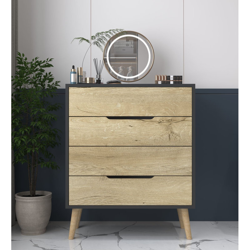 Commode 4 tiroirs - Pieds en bois, Chêne / noir