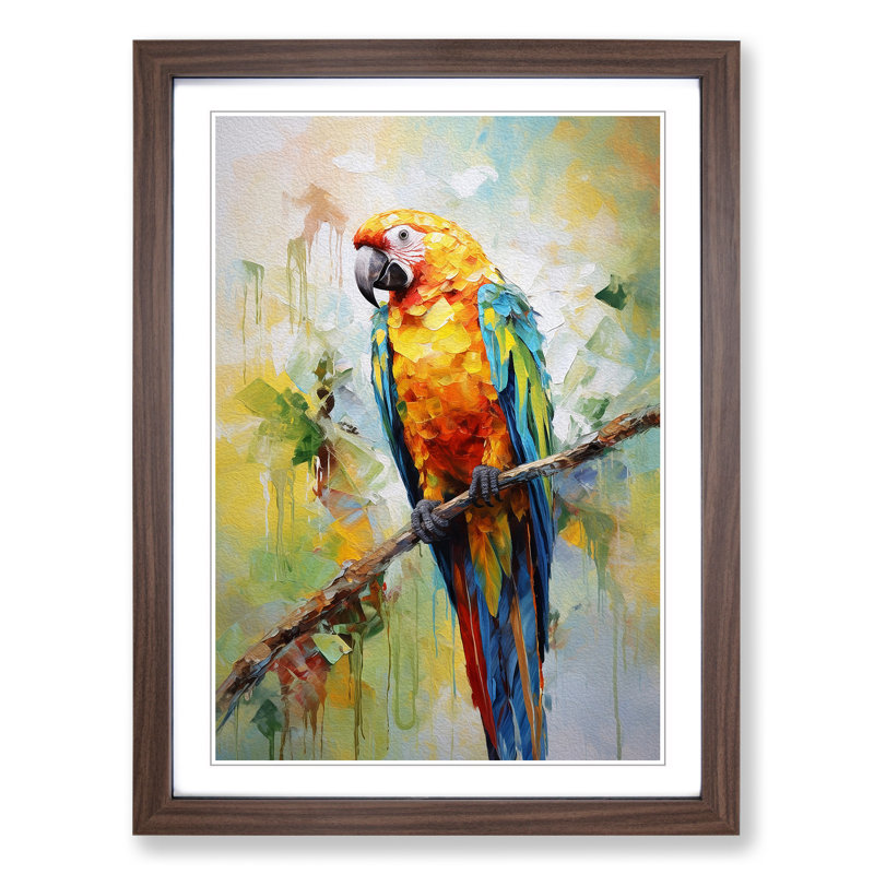 Parrot Impressionism - Single Picture Frame Print on Wood, Walnut Framed, 64cm H x 46cm W x 2cm D