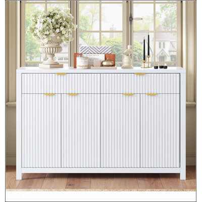 Modern Wave-Pattern Sideboard Cabinet with 2 Drawers, 4 Doors, 3-Level Adjustable Shelves, and Aluminum Arc Handles, Scandinavian Style, 3 Colors, Suitable for Entryway, Living Room, Foyer