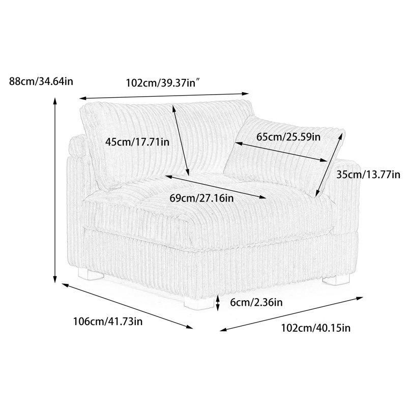 Upholstered Faux Rabbit Fur Flannel Armchair with Pillow Back, One Arm Single Chair Module Part For Sectional Sofa