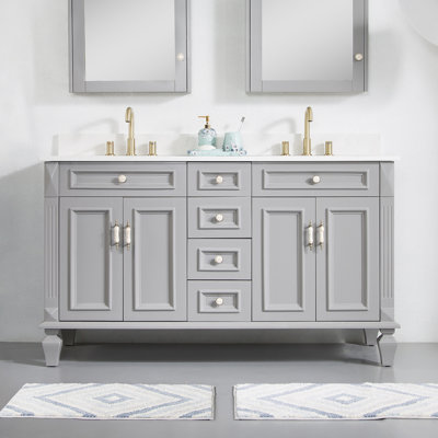Elmmanual  35'' H X 60" W Solid Wood Bath Vanity with Stain-resistant Carrera White Quartz Top and Double Sink