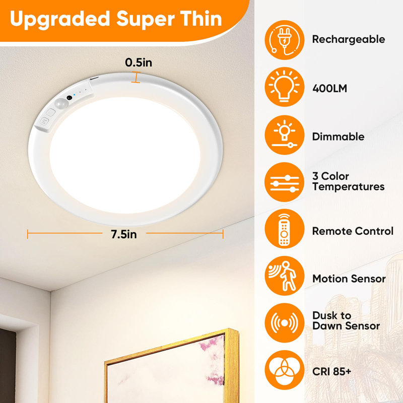 Rechargeable Motion Sensor Ceiling Lights With Remote, Battery Operated Ceiling Lights No Wiring, Wireless LED Lights
