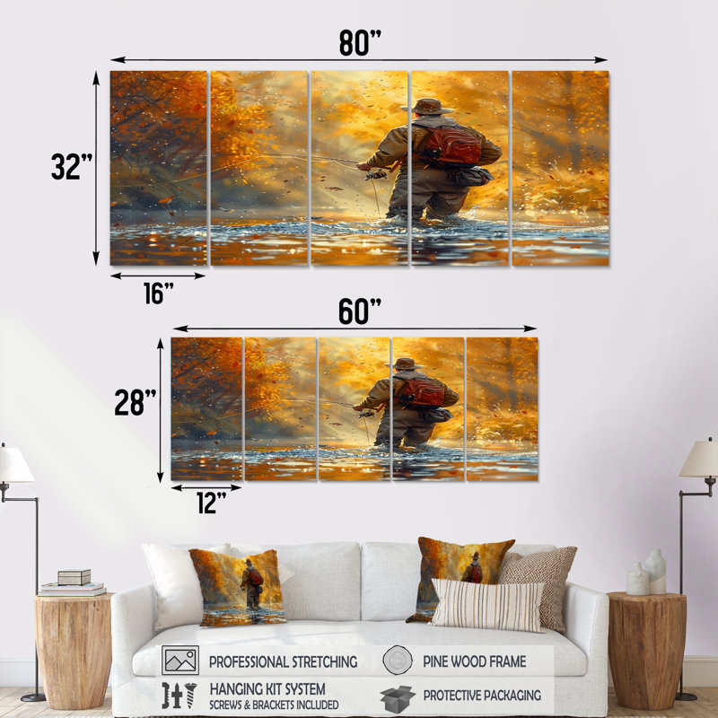 Autumn River Fishing - Chasse et pêche, ensemble de salon d'art mural, H 32 po x l 80 po