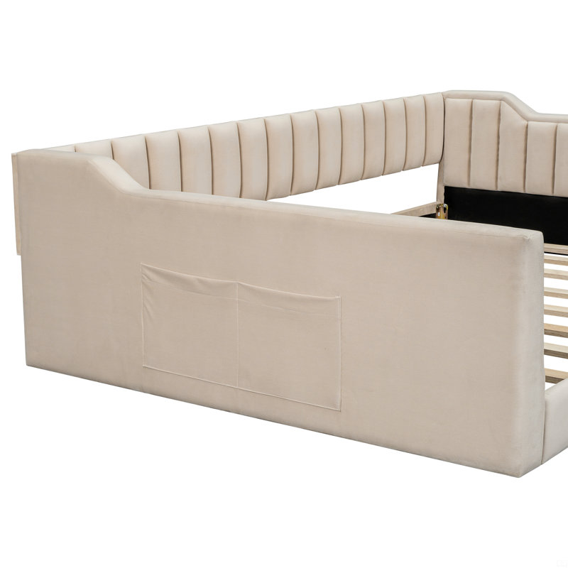Upholstered Daybed and Storage Pockets, Beige, Extra-long Twin