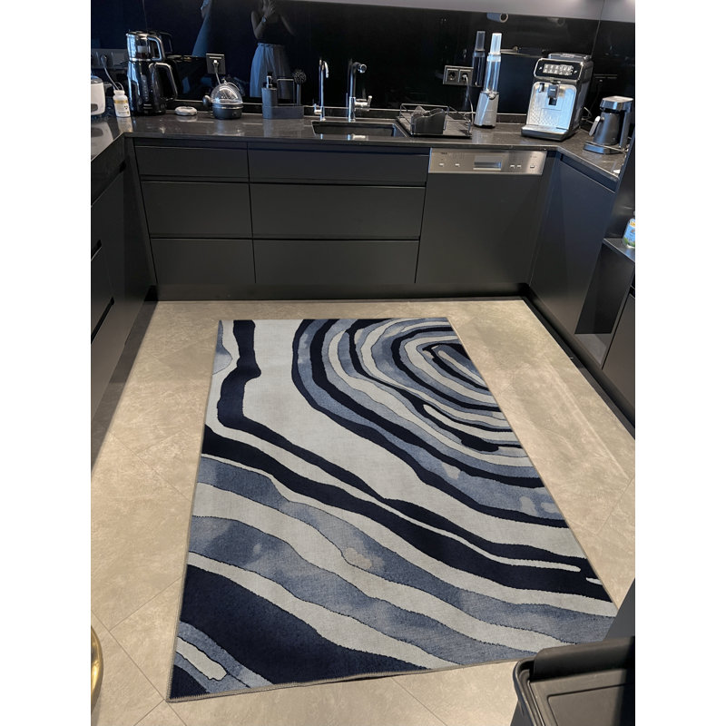 Tapis décoratif moderne à motif abstrait spirale bleu-beige, Rectangle 3 pi 11,24 po x 5 pi 10,87 po