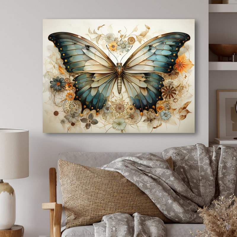 Papillon beige sarcelle, motifs complexes - animaux, impressions murales en métal, H 12 po x l 20 po