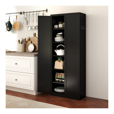 72" Black Metal Kitchen Pantry Cabinet with Doors, Heavy-Duty Freestanding Storage Organizer with 5 Adjustable Shelves, Tool-Free Assembly for Pantry, Kitchen, Bathroom
