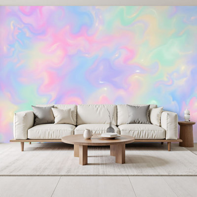 Papier peint adhésif Boho Pastel Dreamy Swirl doux rose bleu vert vert murales murales H 69 po x l 96 po amovible papier peint mural auto-adhésif, décoration murale pour salon de chambre à coucher
