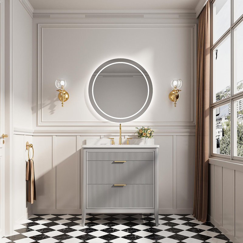 Meuble-lavabo sur pied simple 36 po avec structure en bois massif et plateau en marbre d'ingénierie 36 po, Gris