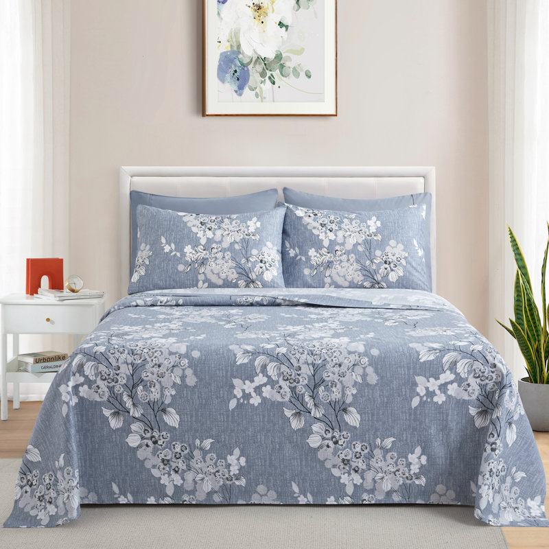 Ensemble de draps en rayonne Marina Marina, Ensemble de draps pour lit double + un drap-housse, Floral, Gris / blanc