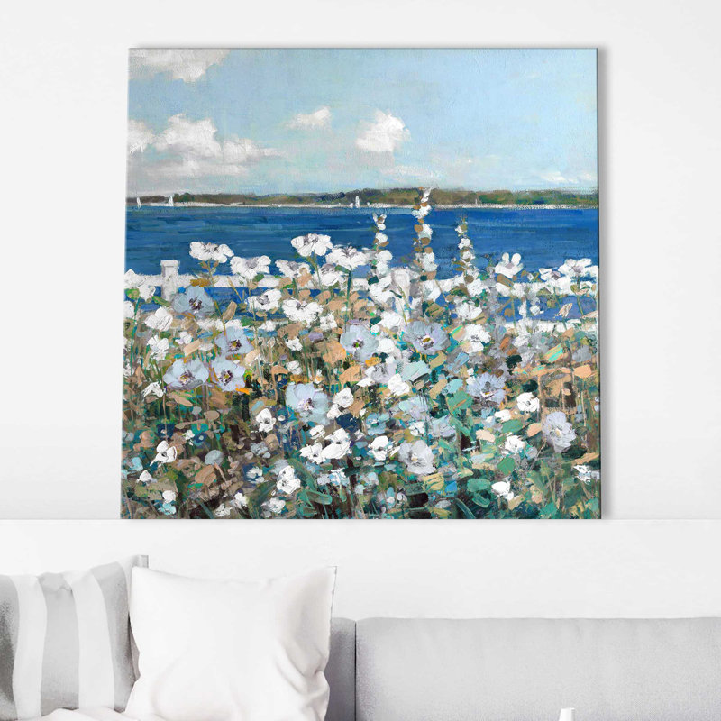 «Bayside Garden» par Sally Swatland - Peinture, L 36 po x H 36 po, Toile tendue