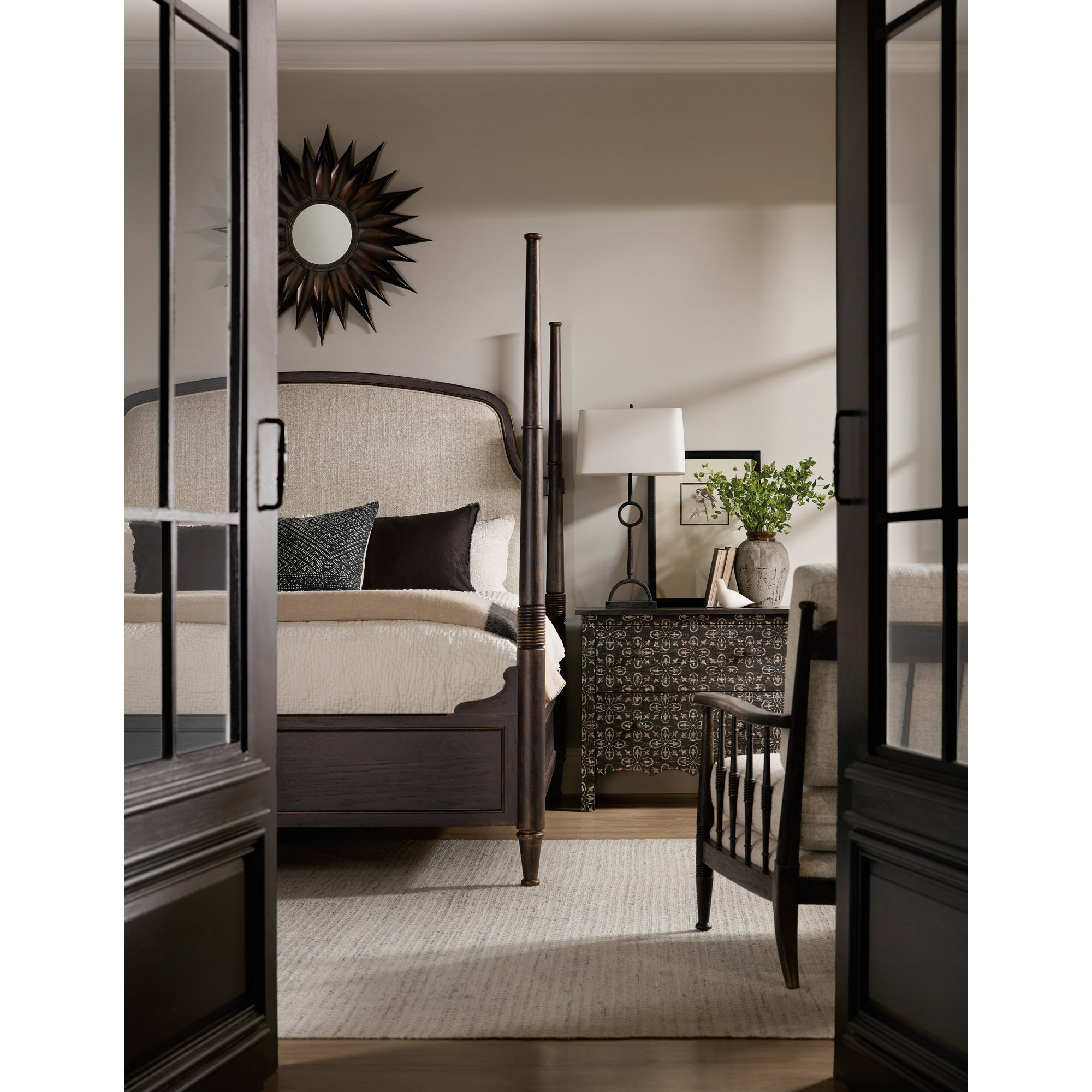 Alcy Upholstered Four Poster Bed, Black/Beige, King