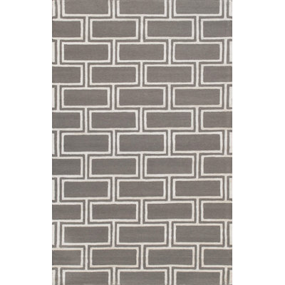 Tapis géométrique gris / ivoire en laine / coton / viscose à motif géométrique fait à la main 5 pi x 8 pi