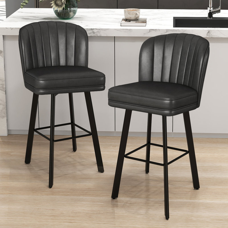 30" Swivel Counter Height Bar Stools with Backs, Kitchen Island Stools with Channel-Tufted Shell Back, Padded Seat and Metal Legs with Footrest
