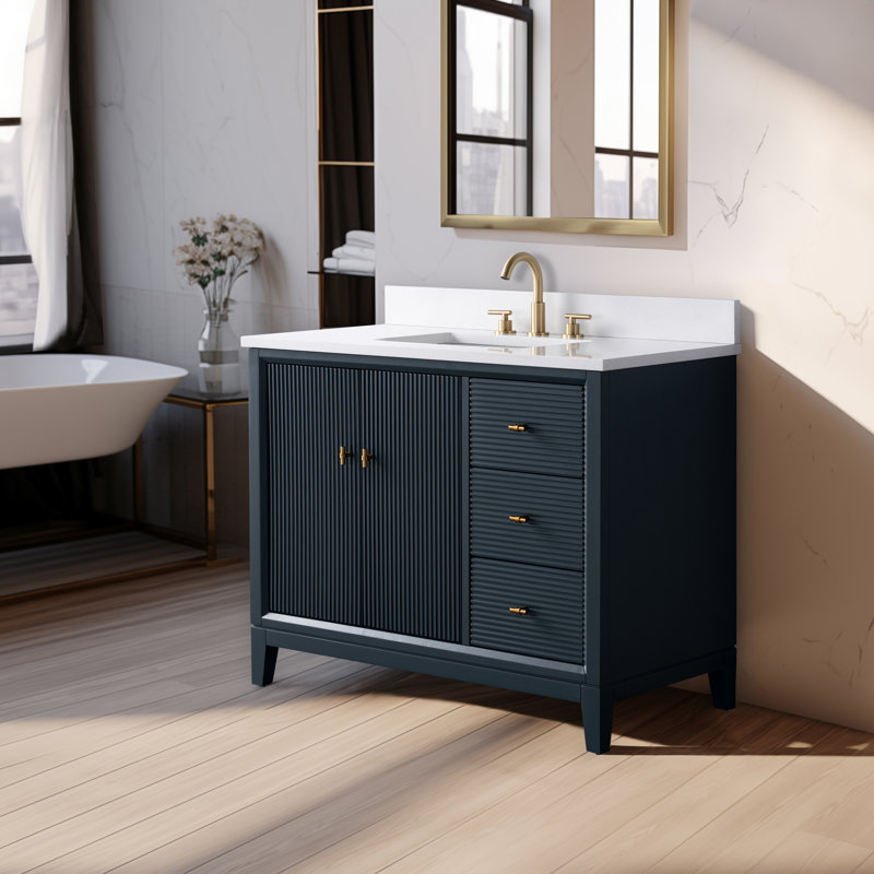 Meuble-lavabo autoportant à simple cuve 42 po avec plateau en marbre Caldwell, Bleu épinette rétro, Doré brossé