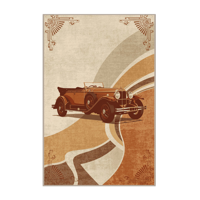 Soft Plush Eckart Antique Roadster Car Traditional Vintage Look Area Rug in Beige – Beige Binding, 8x10