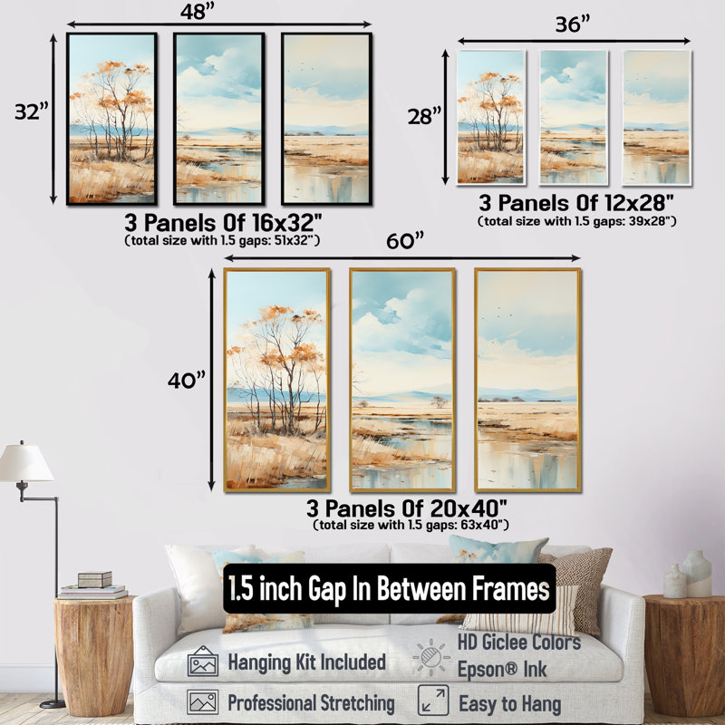 Beige Scerene Meadow Stream Harmony - ensemble de décoration murale prairie, Cadre flottant blanc, H 32 po x l 48 po x P 1 po